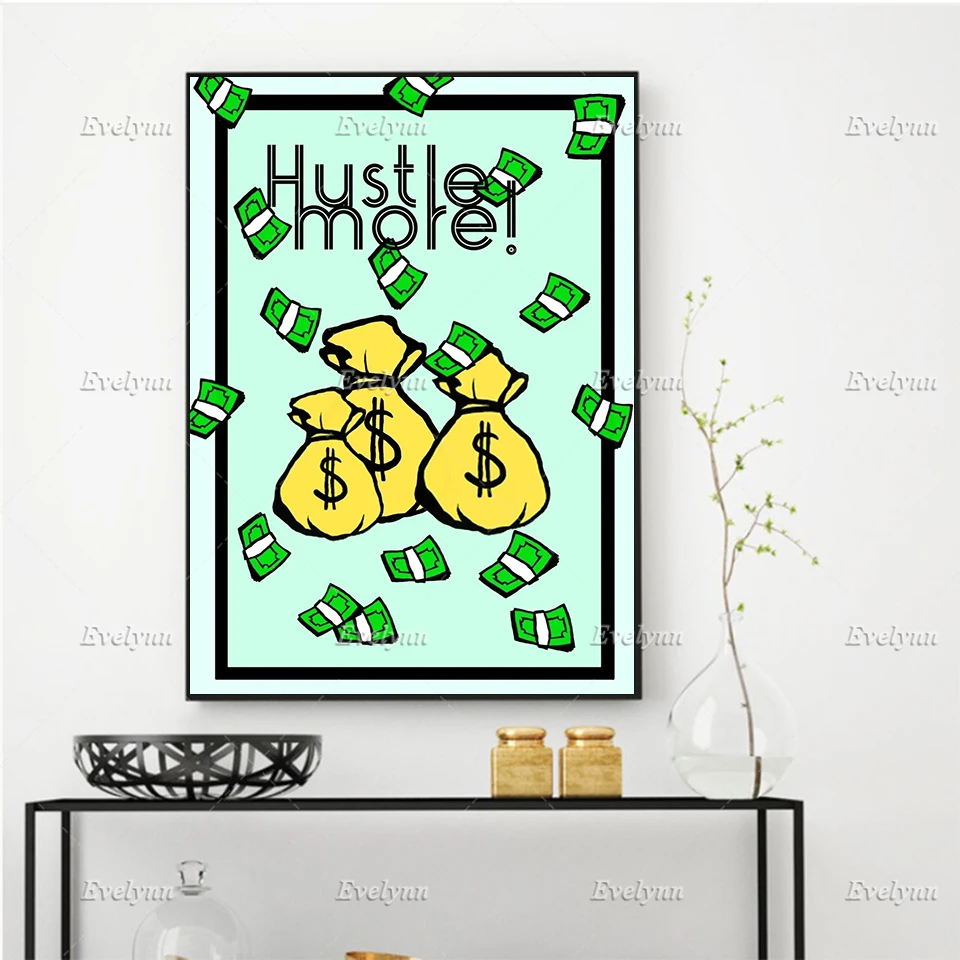 Wall Art Canvas Painting Hustle More Inspirational,Motivational Quotes Print Posters Floating Frame For Living Room Office Decor