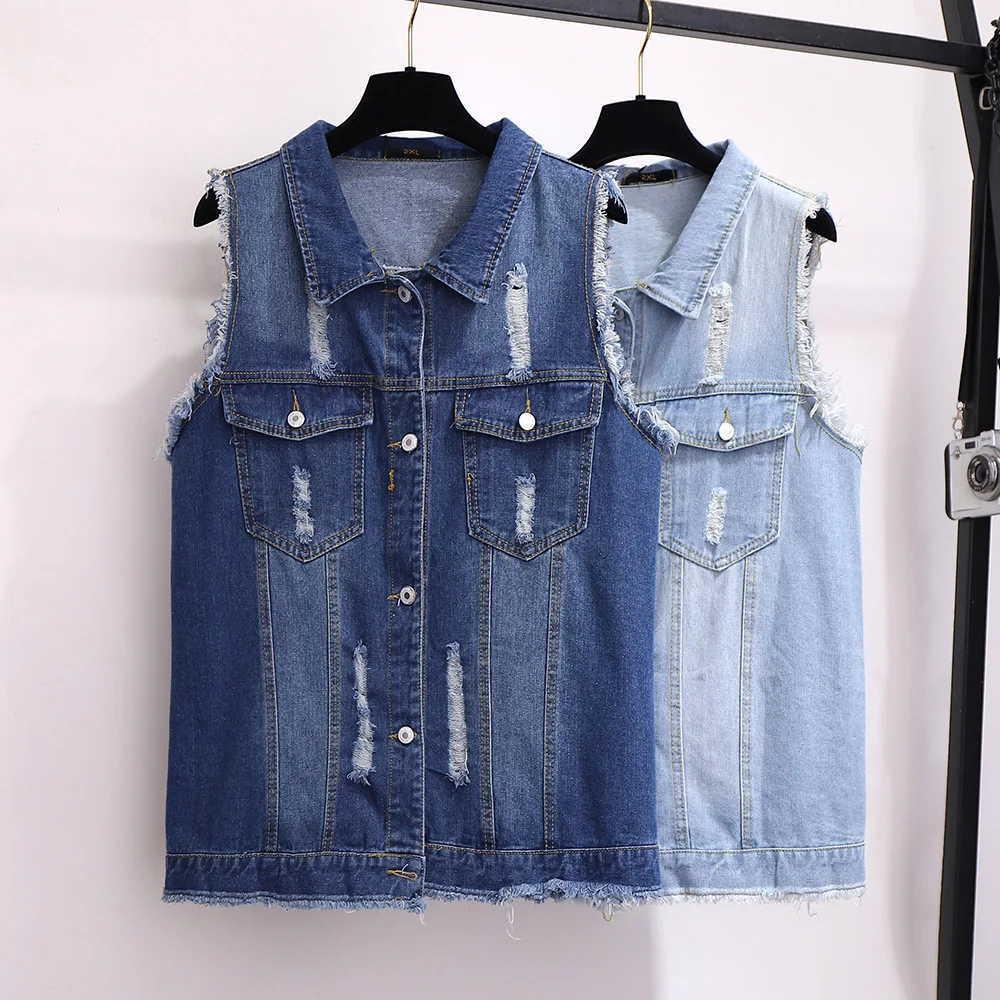 

2XL-6XL Loose Denim Vest For Women Vintage Hole Pocket Sleeveless Jeans Jacket Female Coat Summer Jeans Waistcoat Y349
