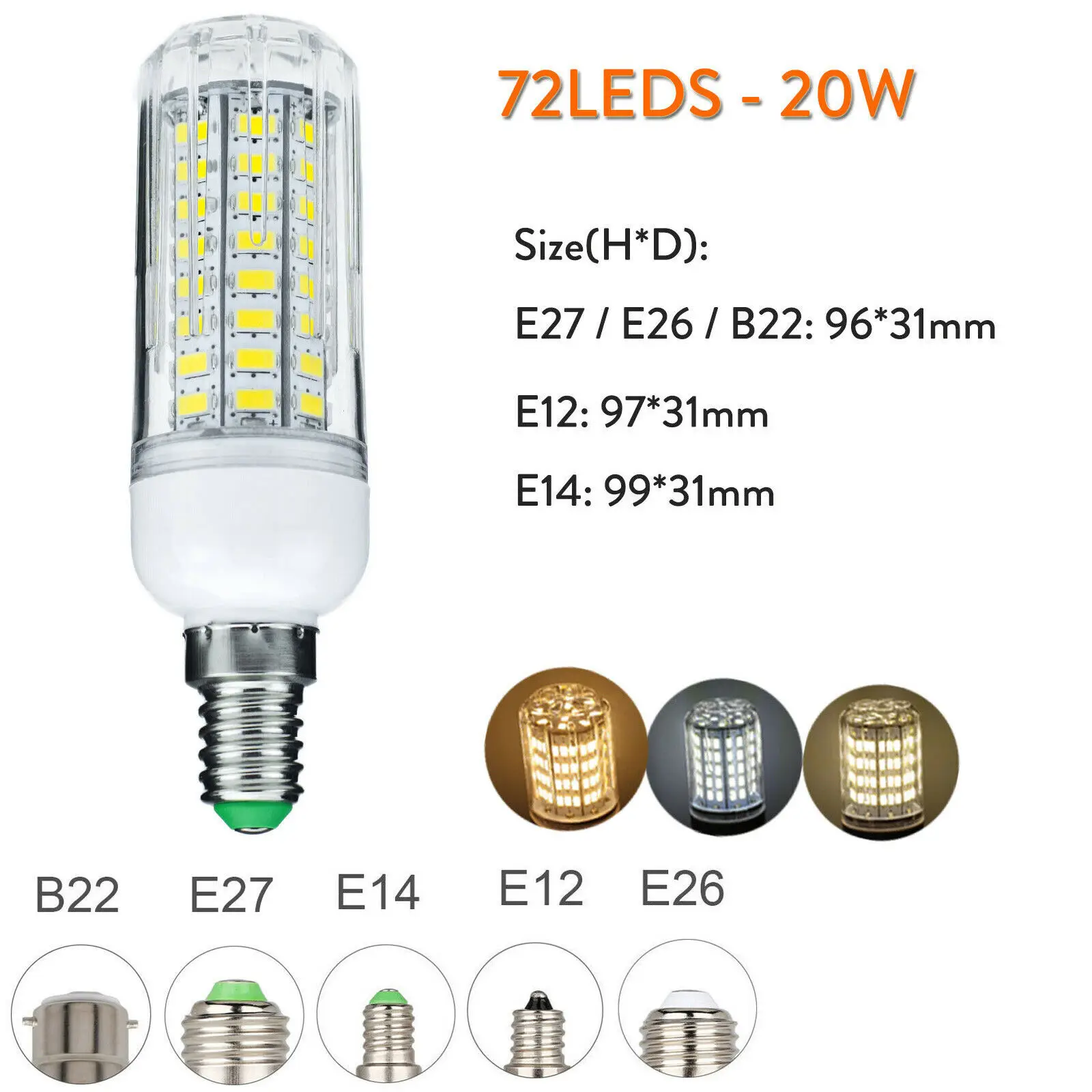 Imagem -03 - Lâmpadas Led Milho E27 E26 E12 E14 B22 Smd 5730 20w Ultra Brilhante Casa Lustre Candeeiro de Mesa 72leds Frio Quente Branco 12v