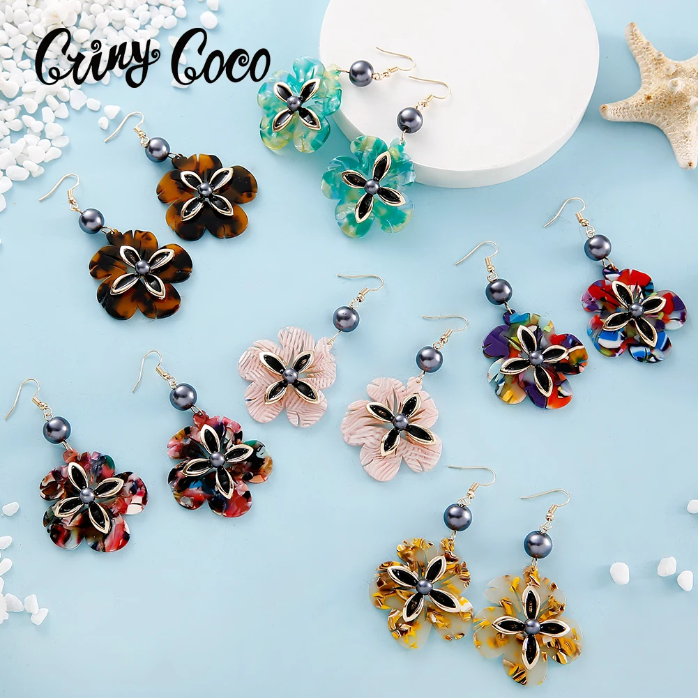 Cring Coco Hawaiian Acrylic Plumeria Dangle Earrings Women Flower Fashion Dangling Earring Ornaments for Woman Party Wedding Hot