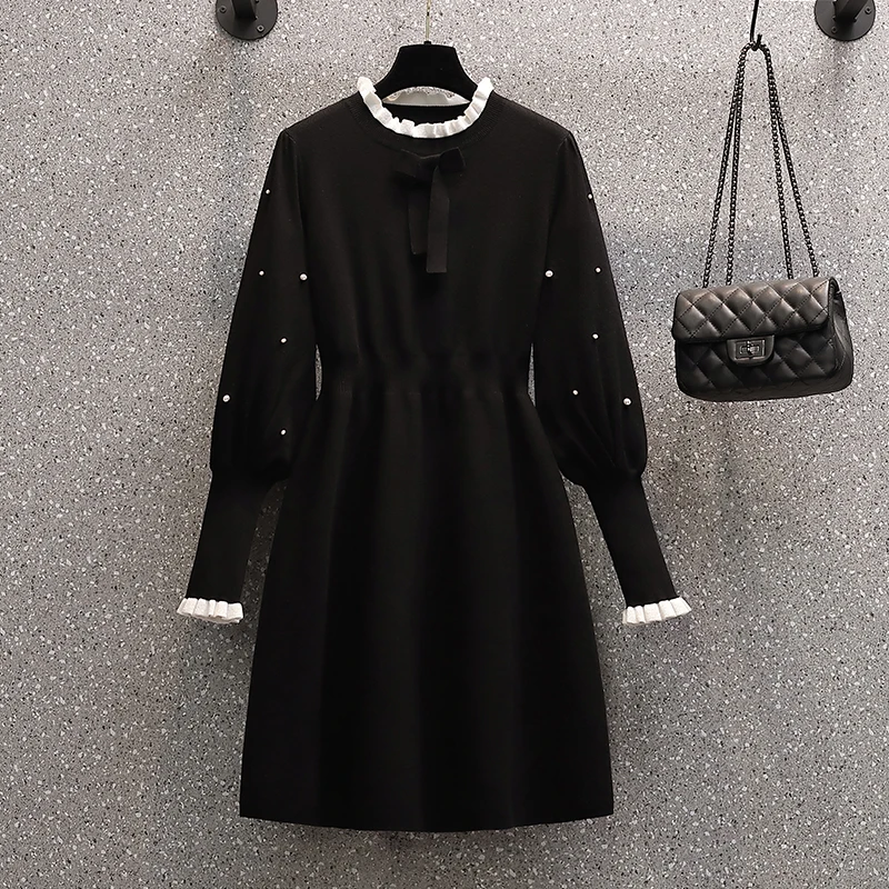 L-4XL Autumn Winter Women's French Knitted Dress Slim Sweater Inside Outside Wear Cardigan With Bow Knot Elegant Temperament