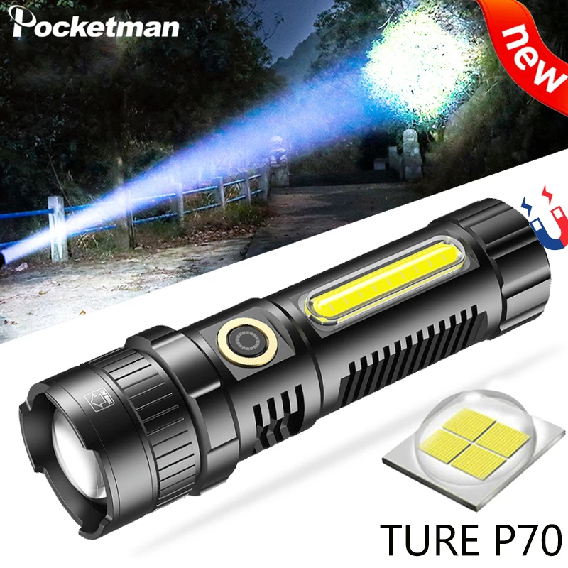 

POCKETMAN XHP70 LED Flashlight USB Rechargeable Flashlights Zoomable Torch Waterproof Torch with COB Side Light