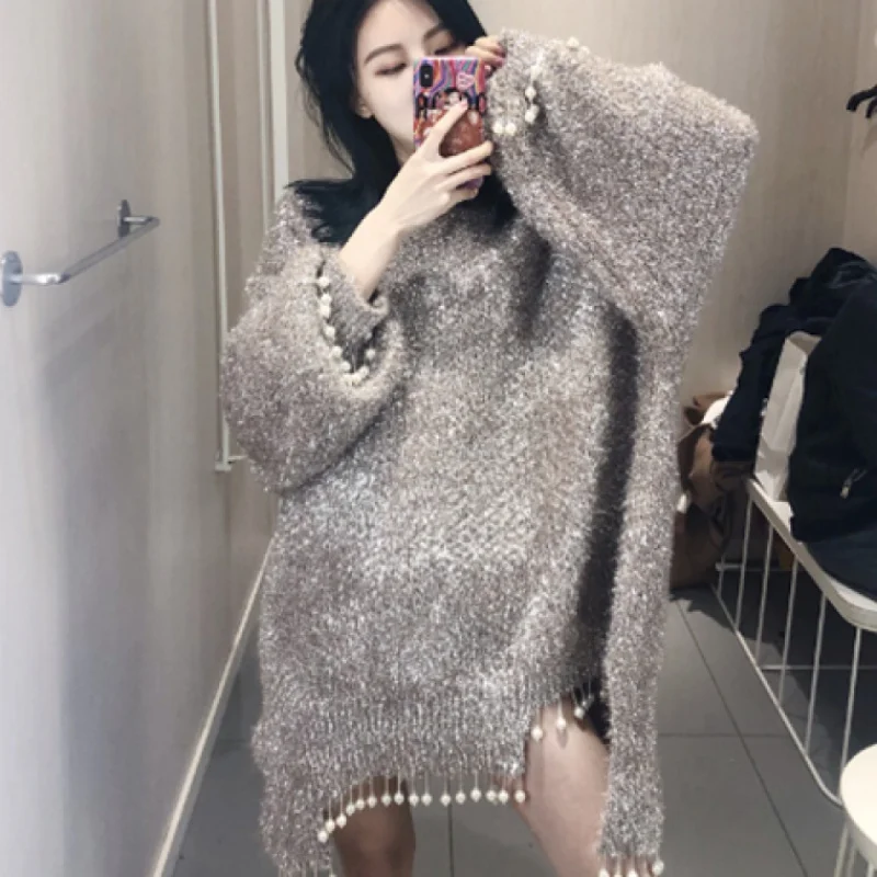 Cakucool New Silver Lurex Sweaters Pearls Beading Tassel Shiny Asymmetric Jumper Korean Cute Furry Mid Long Sweaters Khaki