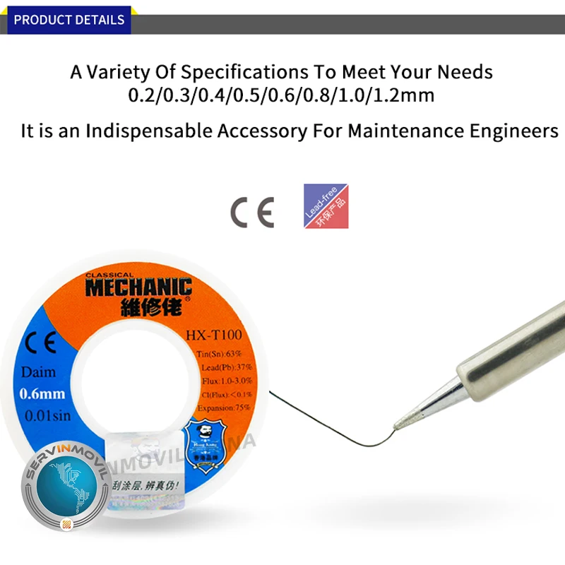 Mechanik HX-100 55g 63%/37% Sn/Pb rdzeń żywiczny 183 ℃ temperatura topnienia 0.2mm do 1.2mm drut lutowniczy topnik do spawania 1.0-3.0% zwijacz