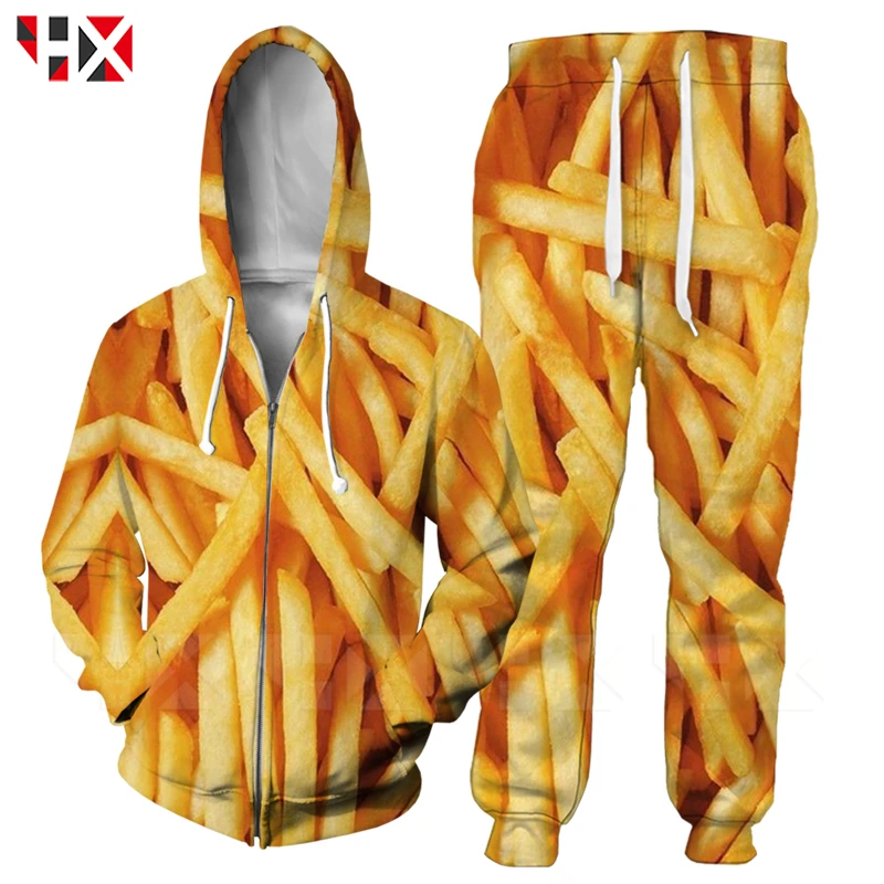 

HX Autumn Trend Food Street Hoodies Sweatshirt Set 3D Printed French Fries Hip Hop Unisex Casual Harajuku Style Set HX465