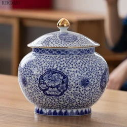 Antique Blue and White Porcelain Storage Jar Lid Gold-plated Storage Container Household Large-capacity Sealed Ceramic Tea Caddy