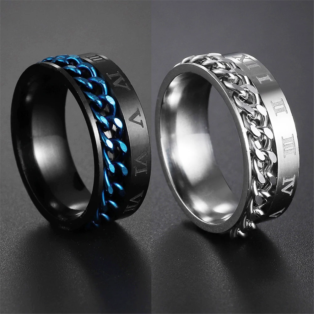 

2023 Punk Roman Numerals Mens Rings Stainless Steel Chain Rotatable Ring for Men Women Classic Rome Digital Power Sense Gift