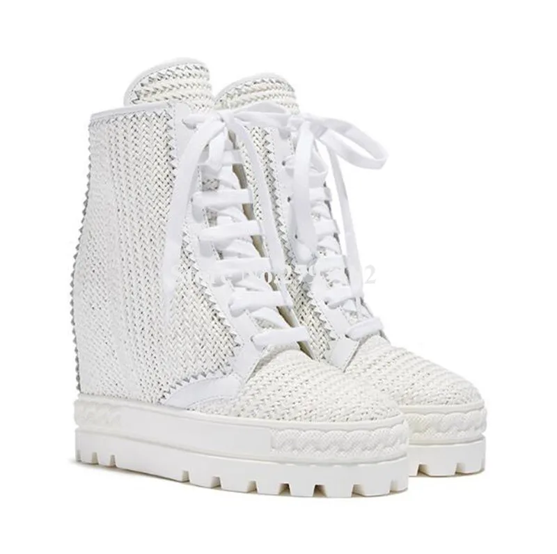 

Woman Fashion White Khaki Lace Up High Top Ironic Sneakers Lace-up 8 cm Hidden Wedge Platform Short Ankle Boots