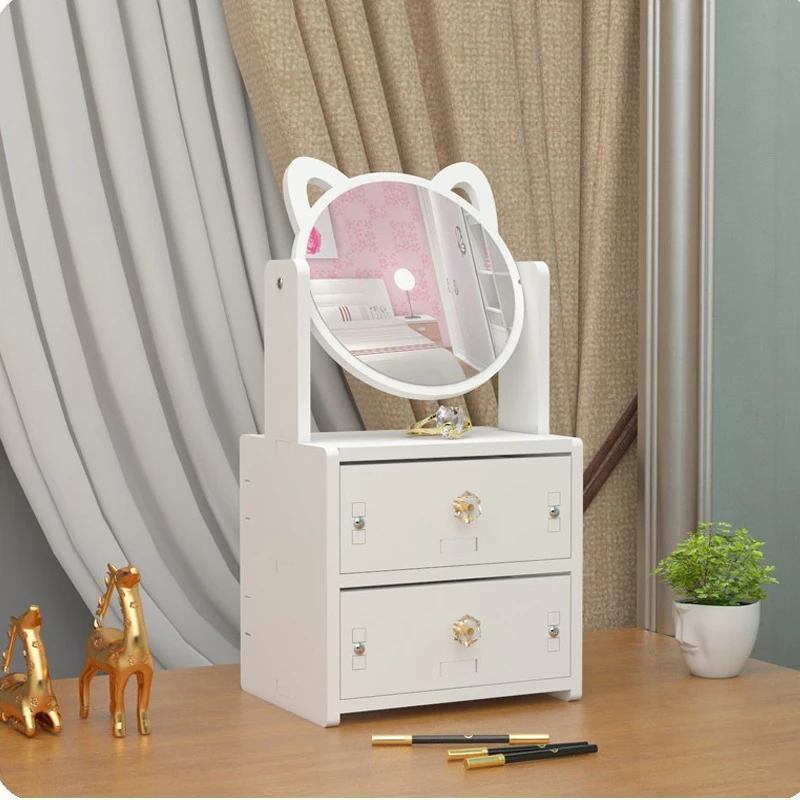 Rotate Makeup Mirror with Drawers Cosmetic Storage Box Dressing Table Jewelry Organizer Desktop Necklace Rack Rings Earring Case