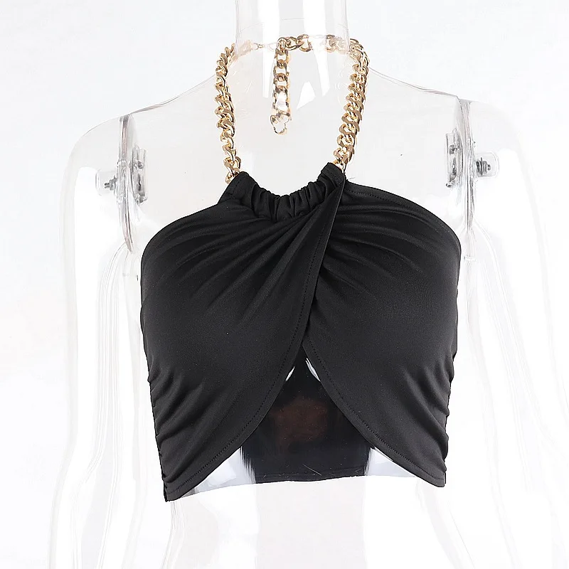 VIBESOOTD Summer Fashion Chic Halter Chain Crop Tops for Women Backless Cropped Feminino Black Wrap Top 2021 Streetwear