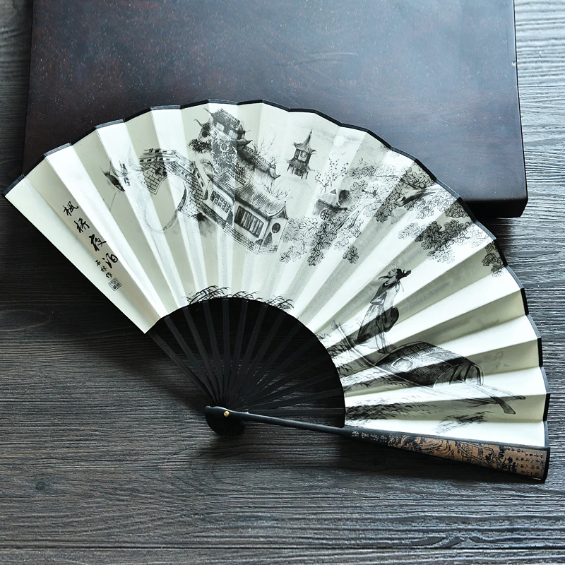 33cm Carving Fan Chinese Portable Party Fold Fans Retro Bamboo Landscape Gift Hand Fan Vintage Men/women Drama Hand Silk Fans