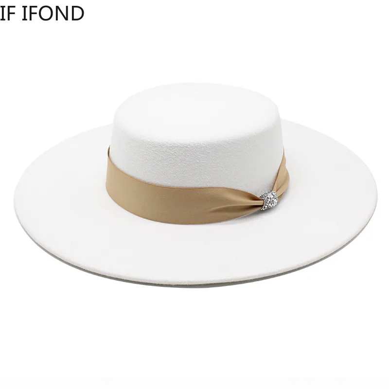 Francuskie damskie białe Bownot satynowe filcowane kapelusze Fedoras kobiety bankiet elegancka sukienka na formalną imprezę Cap 10CM szerokie rondo kapelusz do kościoła