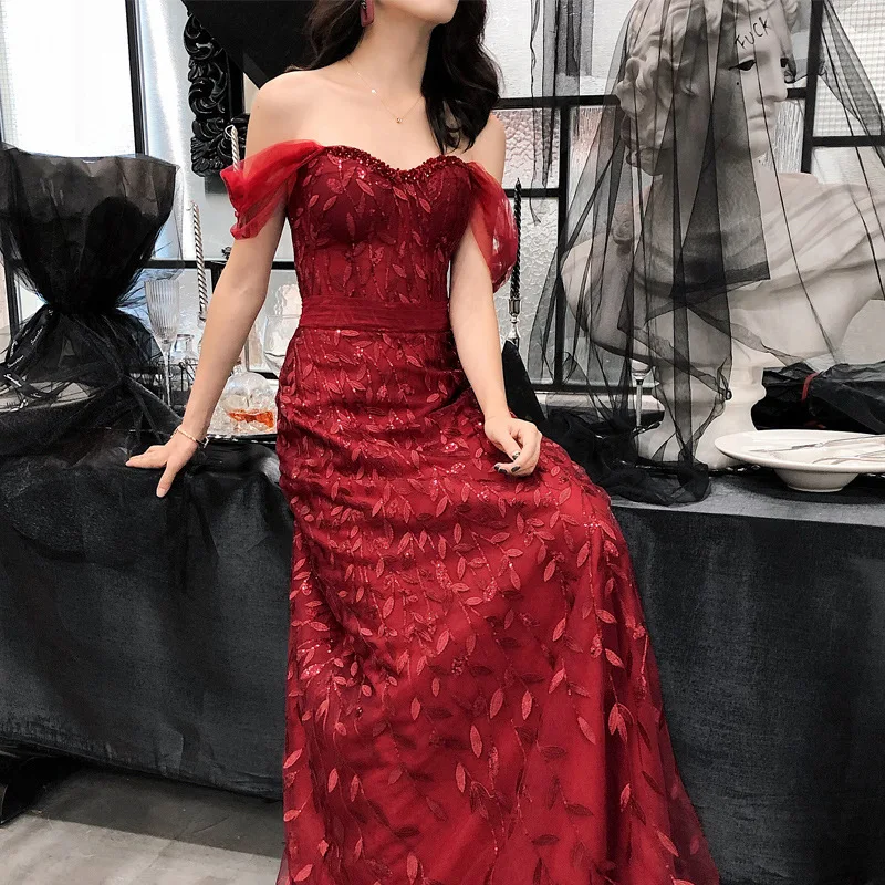 

Elegant Off Shoulder Formal Party Dress Oriental Style Bride Toast Clothes Long A Line Chinese Evening Gowns Robe De Soiree