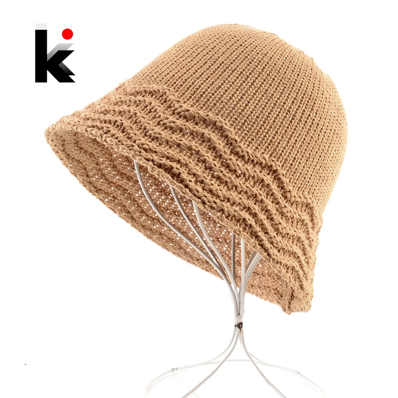 

Ladies Vintage Floppy Hat Knit Wavy Edge Straw Suncap Beach Casual Sun Protection Hats Women Solid Color Foldable Sunbonnet