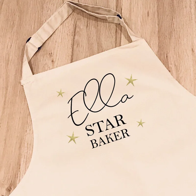 Personalize Star Baker Apron - For Mum, Kids - Glitter stars, Custom name fun childrens cooking apron for baking boys and girls