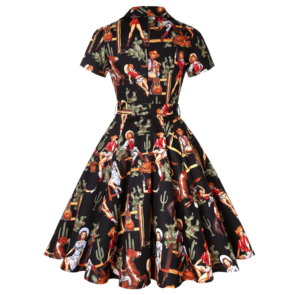 Imagem -02 - Verão Algodão Retro Rockabilly Vestido Vintage Sd0002 Preto com Cowgirl Imprimir Mulheres de Manga Curta Vestido de Verão 50s 60s Robe Femme