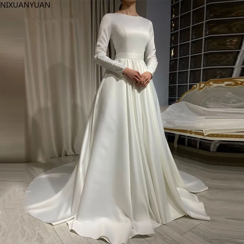 Lange Mouwen Satin Custom Made Vrouw Elegante Witte Trouwjurken 2022 Bruidsjurken Vestidos De Novia