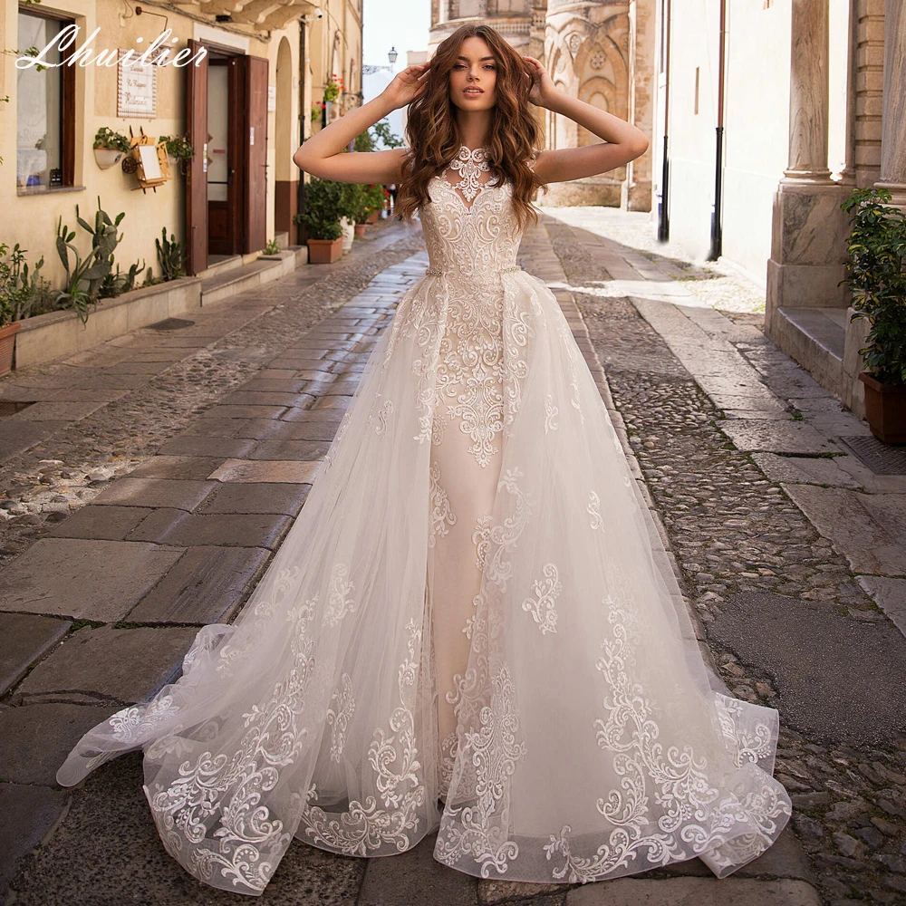 

Lhuilier Customized 2 Pieces Mermaid Wedding Dresses Floor Length Lace Appliques Beaded Bridal Dress with Detachable Train