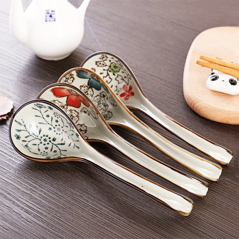 1PC 16cm  Bone China dinnerware Sets Dinner Set Japanese Wind Spoon Ceramic Long-Handled Spoon Mixing Spoon Soup