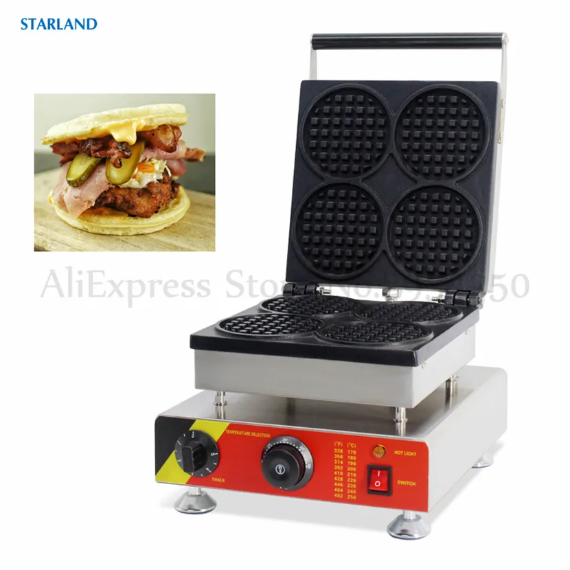 Máquina de Waffle de cuatro formas redondas, gofre belga clásico, máquina de fabricación de refrigerio comercial, con 4 Uds. De moldes