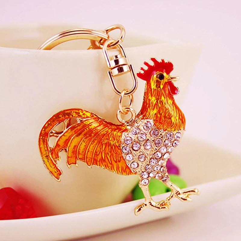 Crystal Floral Chicken Rooster Key Chains Ring Keychains Animal Jewelry For Women Girls Bag Car Charms Gifts