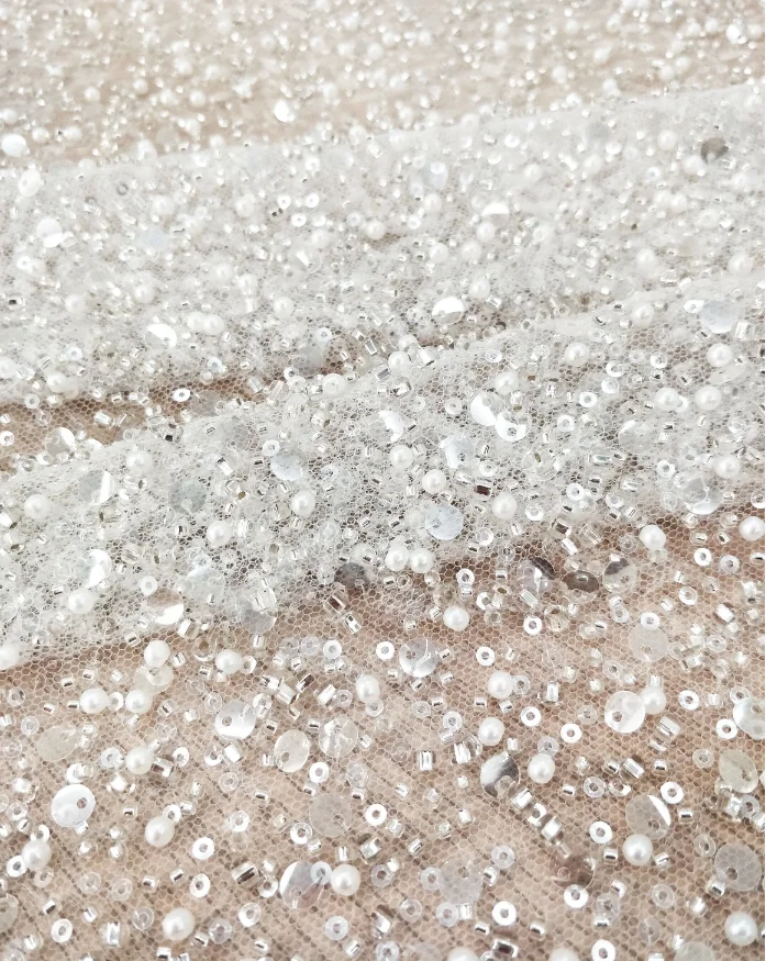 Heavy beading beauty wedding dress beading fashion dress lace fabric with pearls 130cm width bridal lace fabric sell by yard