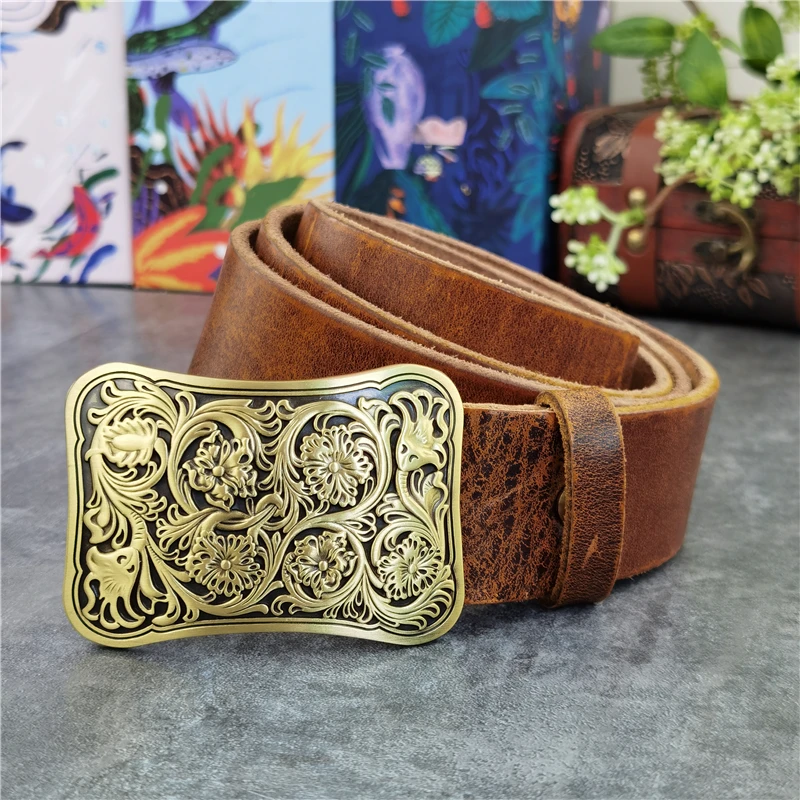 Luxury Carving Flower Brass Belt Buckle Men\'s Belt Ceinture Top Thick Geunine Leather Belt For Men Wide Trouser Belt Men MBT0031