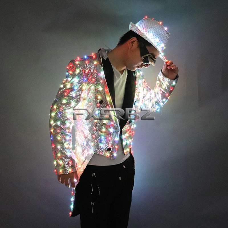 New Fashion Colorful Swallowtail LED Tuxedo magician Party Host Luminous Costumes Glowing Clothes LED Clothing Show