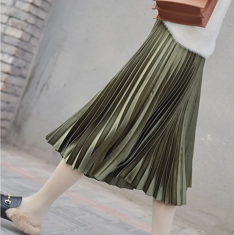 eDressU 11 Colors Pleated Skirt Midi Long Silk Satin Vintage High Quality Elegant Beige Bottom Skirt LS-9852