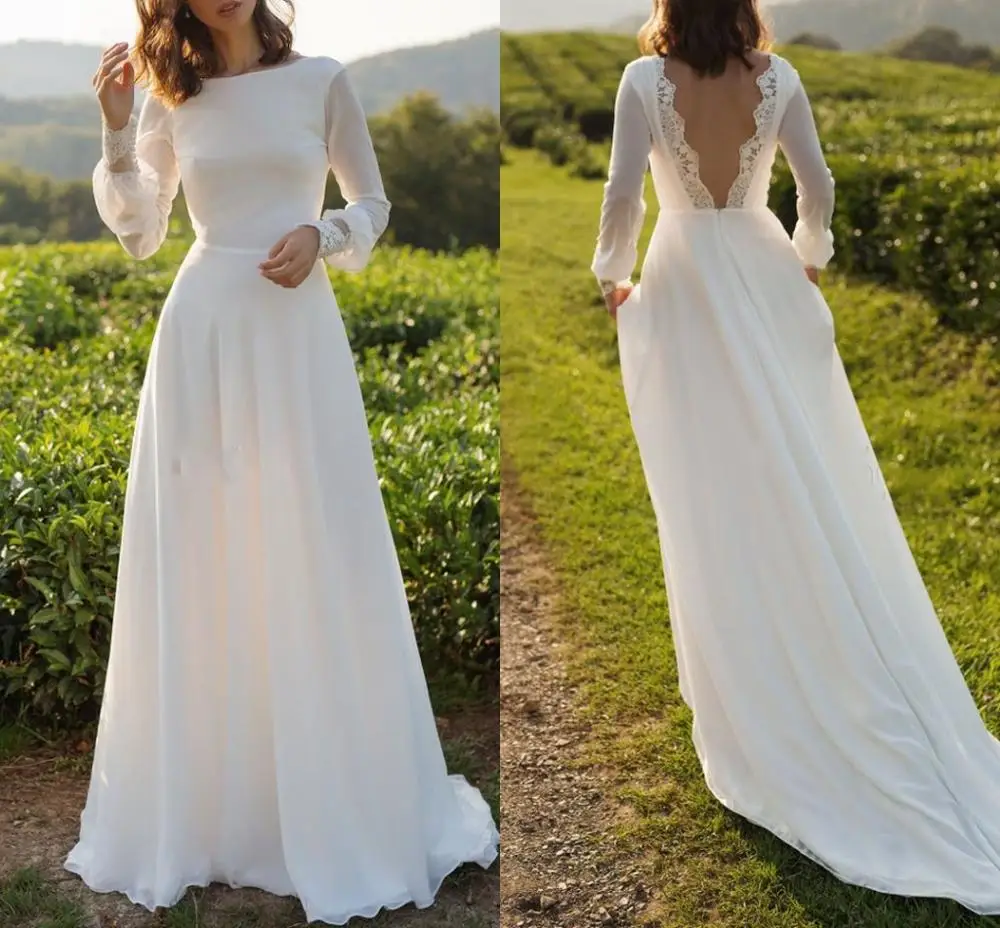 Robe De mariée en dentelle style Boho, Simple, sans cuisson, col Bateau, manches longues, ligne A, 2023