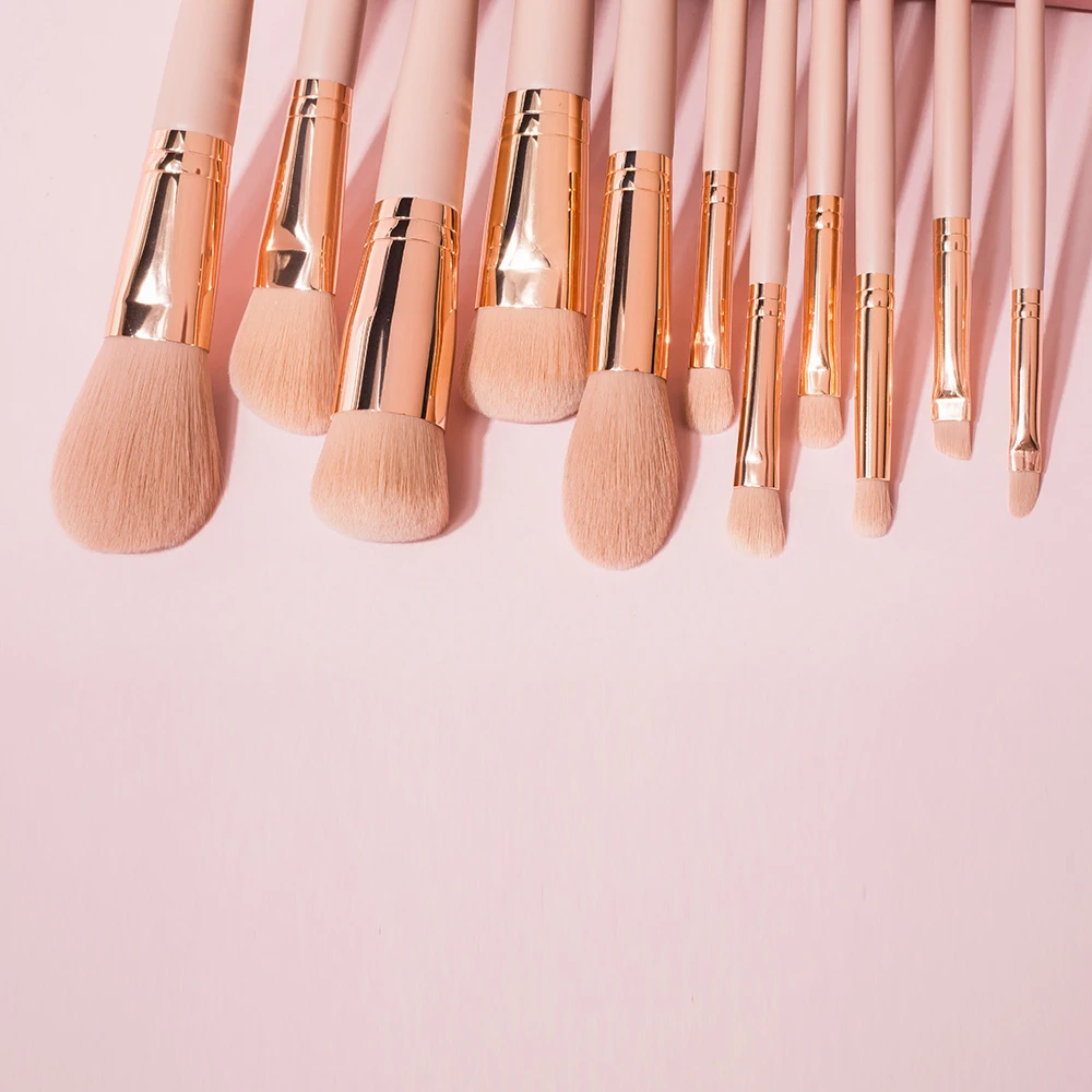 Shinedo 11 pcs synthethic hair makeup brushes set cosmetic powder eyeshadow foundation kabuki blush blending  with pink handle