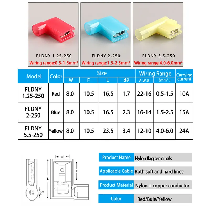 50/100/300/500PCS Fully Insulated Female 6.3mm Flag Spade Wire Connector Quick Disconnects Electrical Cable Nylon Crimp Terminal