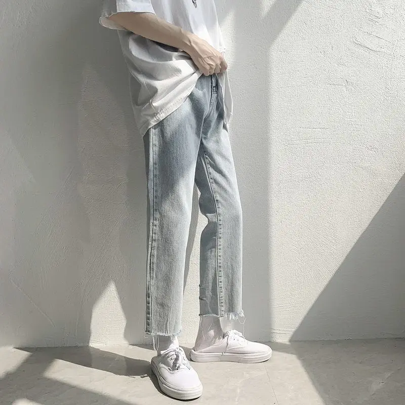 Hole Jeans Men's Fashion Loose Straight Pants Summer Vintage Light Blue Jeans Hip Hop Cropped Trousers Ankle-length Streetwear