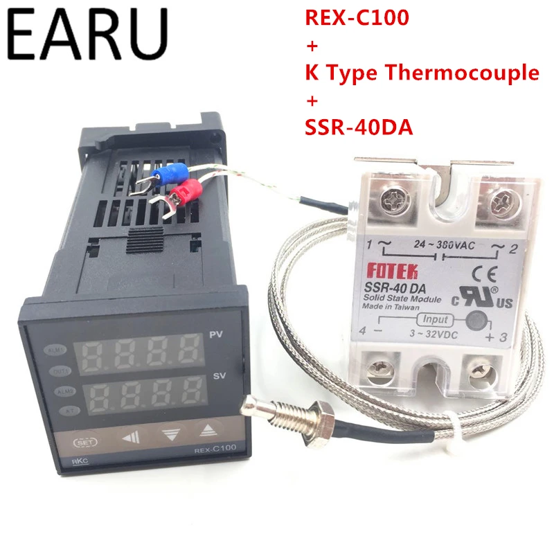 

RKC Digital PID Temperature Controller Thermostat REX-C100 + Max 40A SSR SSR-40DA Relay + K Thermocouple M6 Probe High Quality