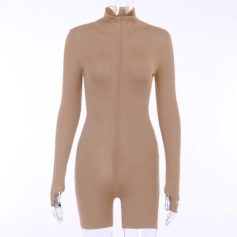 Turtleneck Rajutan Tulang Rusuk Bodycon Kebugaran Playsuit Pakaian Olahraga Lengan Panjang Ritsleting Tubuh Bordir Beruntung Label Romper Wanita Jumpsuit