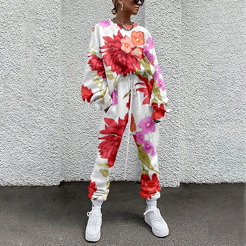 2021 Fall Winter Tracksuits Women Two Piece Set Floral Print Sport Outfits Casual Sweatshirt+Pants Women Sweat Suit Lady Girls