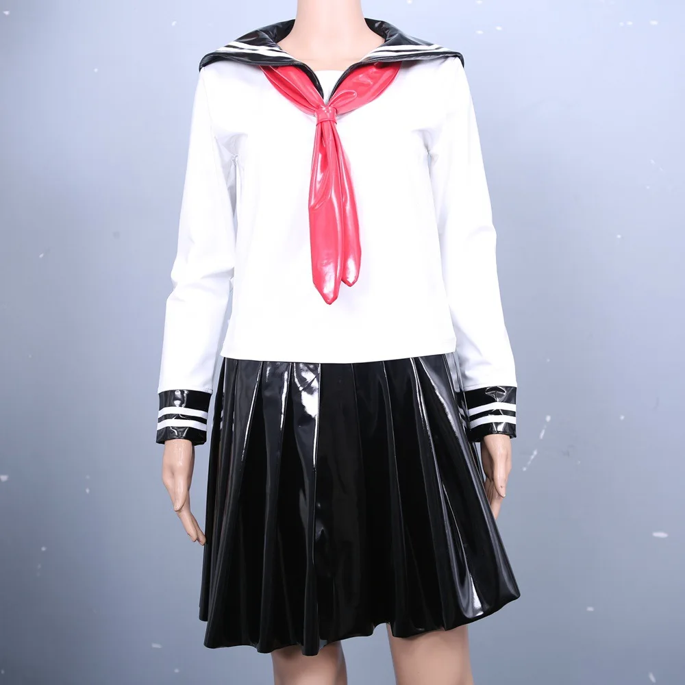 3PCS/SET Wet Look Shiny PVC Dress Faux Latex PU Leather Sailor Japanese School Uniform Suits Cosplay Pleated Minifalda Clubwear