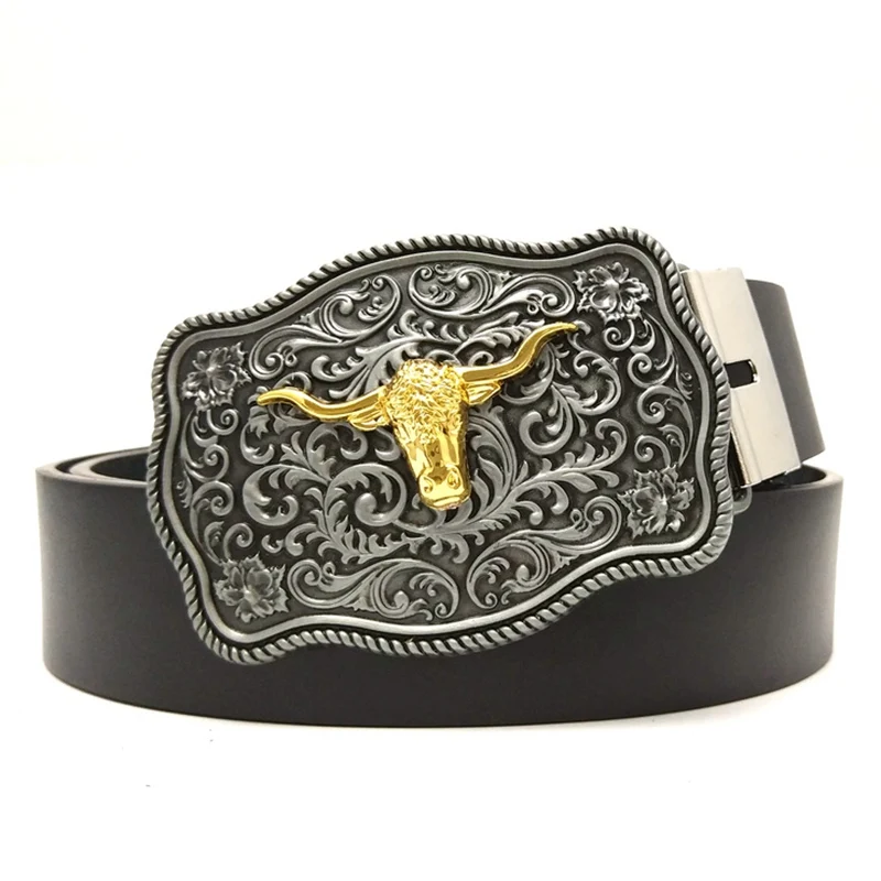 

Black PU Leather Boy Man Belt with Golden Longhorn Bull Antique Silver Metal Buckle Western Cowboy Accessories Fashion Gifts