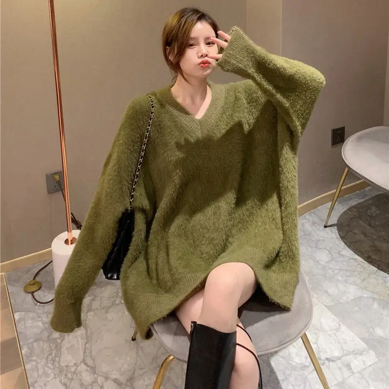 Oversized Gray Knitting Sweater Loose Fit Round Neck Long Sleeve Women Pullovers New Fashion Autumn Winter 2021