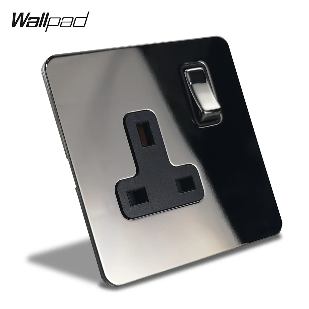 Single UK Standard Wall Socket 3 Pin 13A Black Nickel Stainless Steel Plate DP Switched Power Outlet BS1363