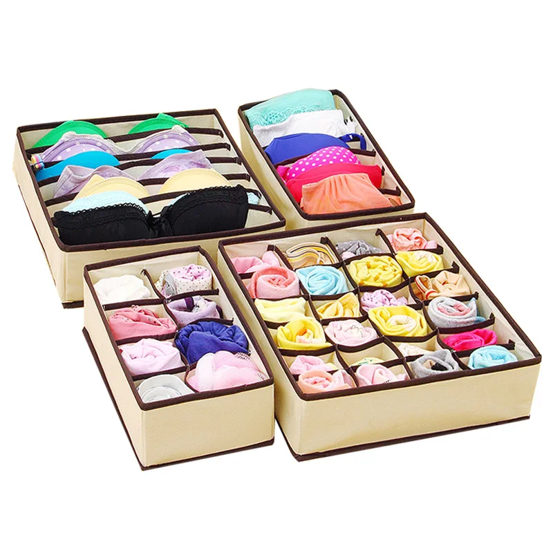 

4 Pcs/Set Underwear Bra Organizer Storage Box Beige Drawer Closet Organizers Boxes For Underwear Scarfs Socks Bra