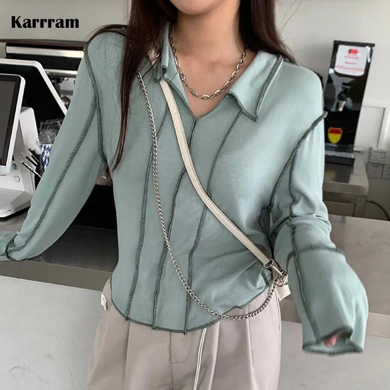 Karrram Korean Style Long Sleeve Top Turn-down Collar T-shirt Women Autumn 2021 Designer Clothes Solid E Girl Tee Shirt Chic