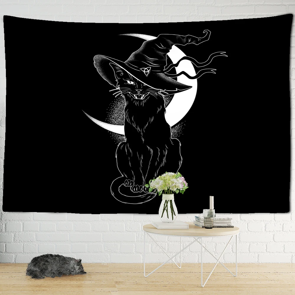 Black Cat Psychedelic Tapestry Wall Hanging Bohemian Tapiz Witchcraft Mystery Dormitory Bedroom Home Decor