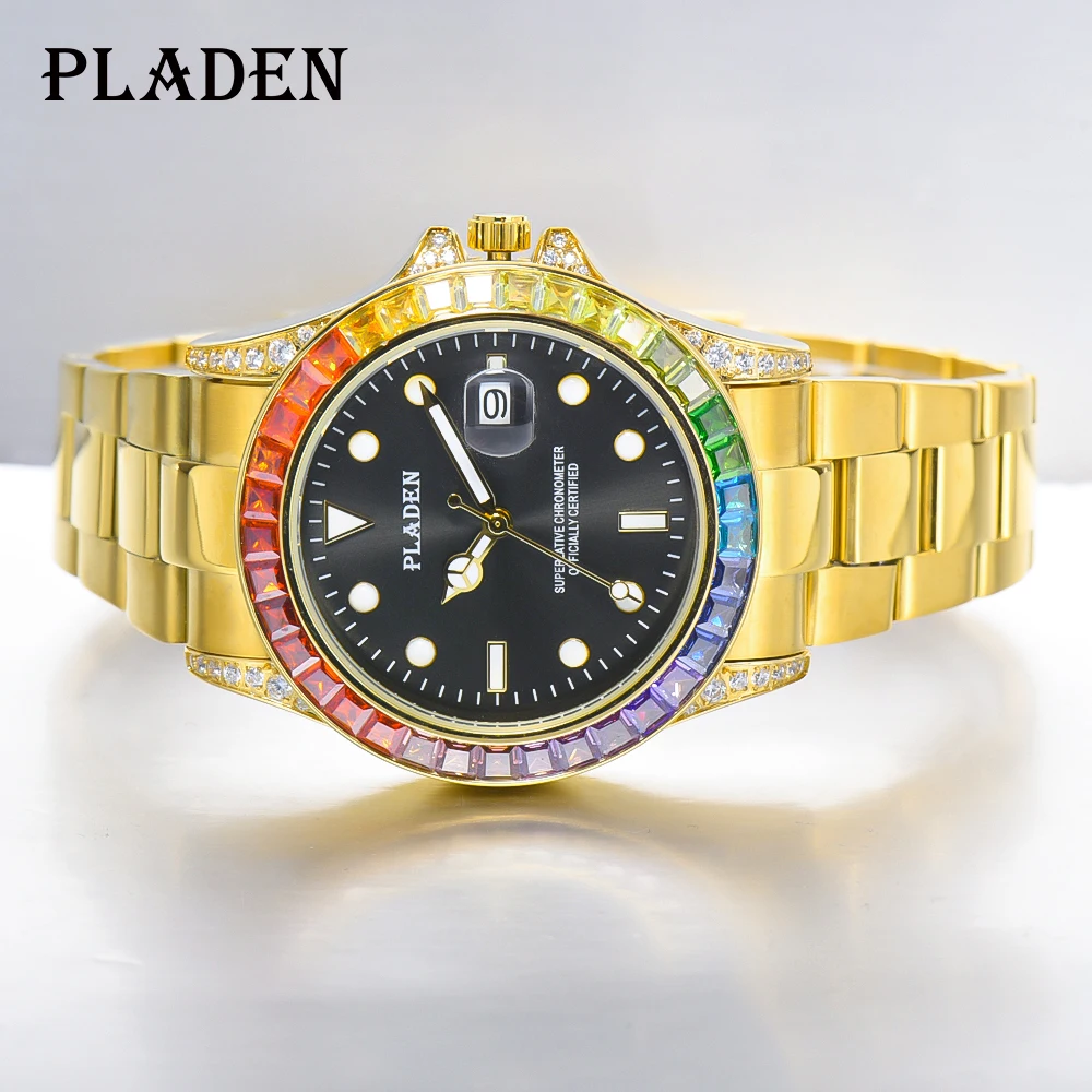 PLADEN Sapphire Glass Luxury reloj hombre Trendy 18k Gold Automatic Date Wristwatch Diamond Bezel Stainless Steel Watch For Men