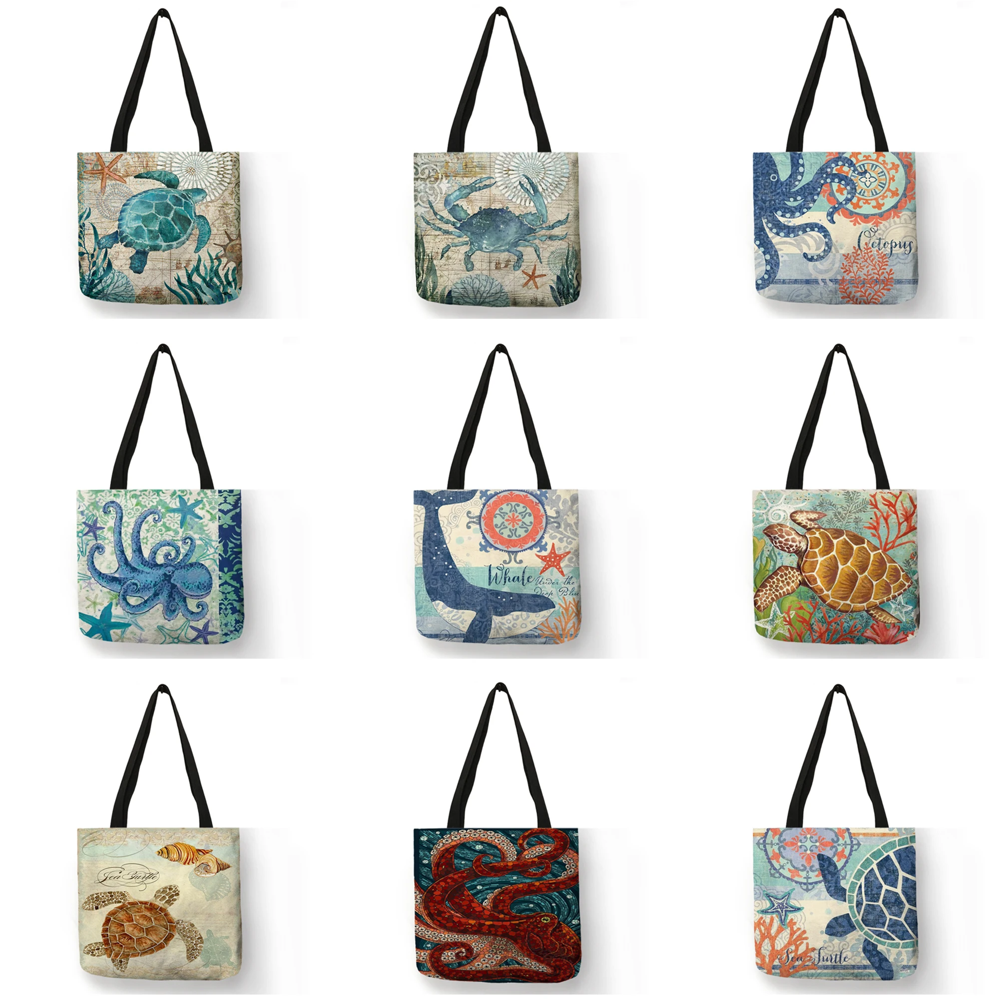 

Casual Leisure Totes Bag Women Handbag Marine Animal Sea Turtle Horse Octopus Print Travel Shopping Shoulder Bags for Groceries