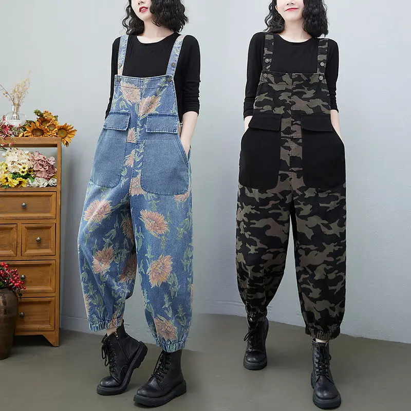 

Women's Washed Jeans Big Pocket Bib Trousers High Waist Harem Pants Printed Cropped Jumpsuit 2022 Spring Autumn M2176
