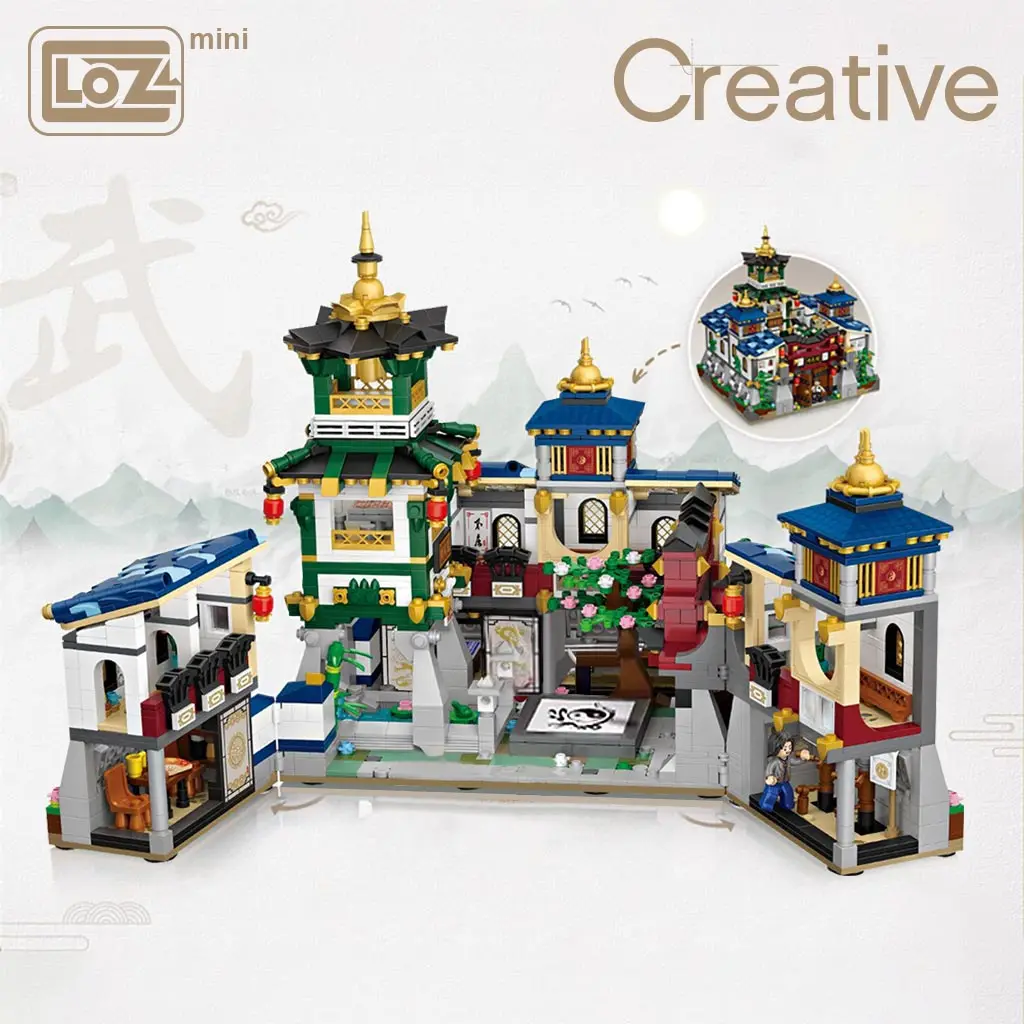 LOZ Mini Block Mini belt box house with folding Jingwu Kung Fu Jingwu Museum Chinese style architecture Model DIY Assembly Toys