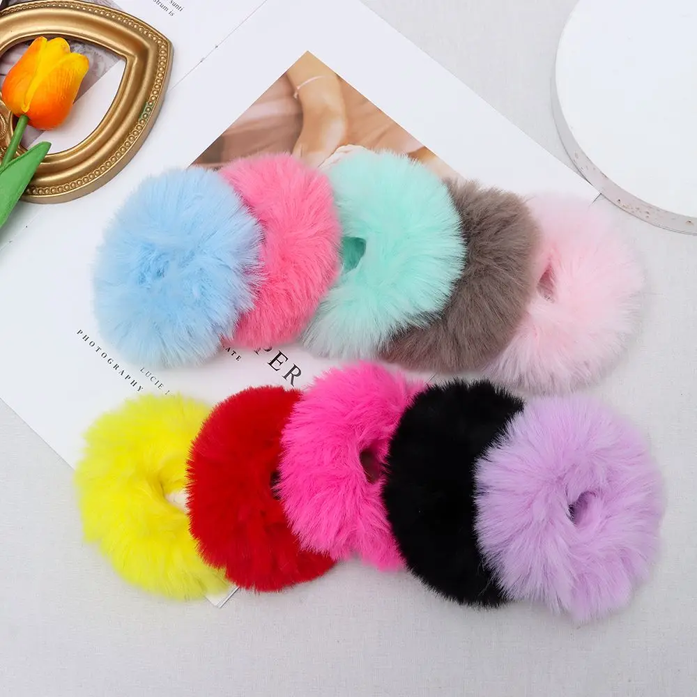 Fuzzy Women and Girls Faux Rabbit Fur Hair Bobbles Pom Pom Hair Tie Ponytail Holders Elastic  Hair Bands Fur Hair Scrunchies