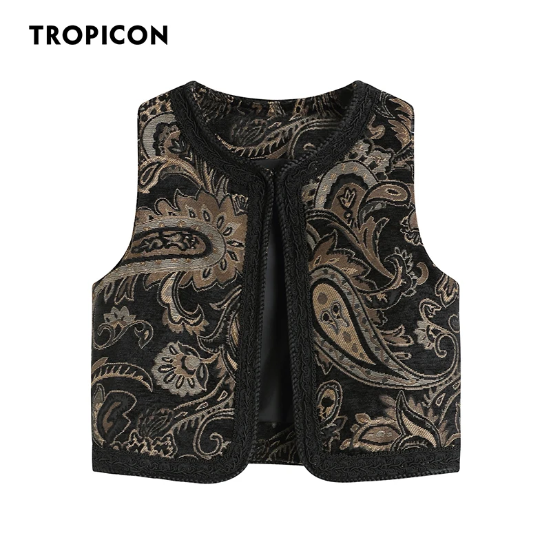 TROPICON Paisley Vintage Jacquard Cropped Vest Brown Sleeveless Jacket For Women 2021 Waistcoat Fashion Coat Autumn Clothes