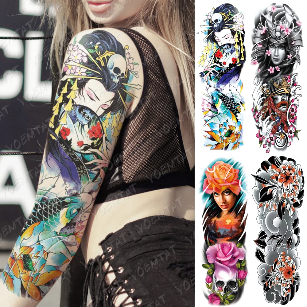 Large Arm Sleeve Tattoo Japanese Geisha Waterproof Temporary Tatto Sticker Carp Waist Leg Body Art Full Fake Tatoo Women Men